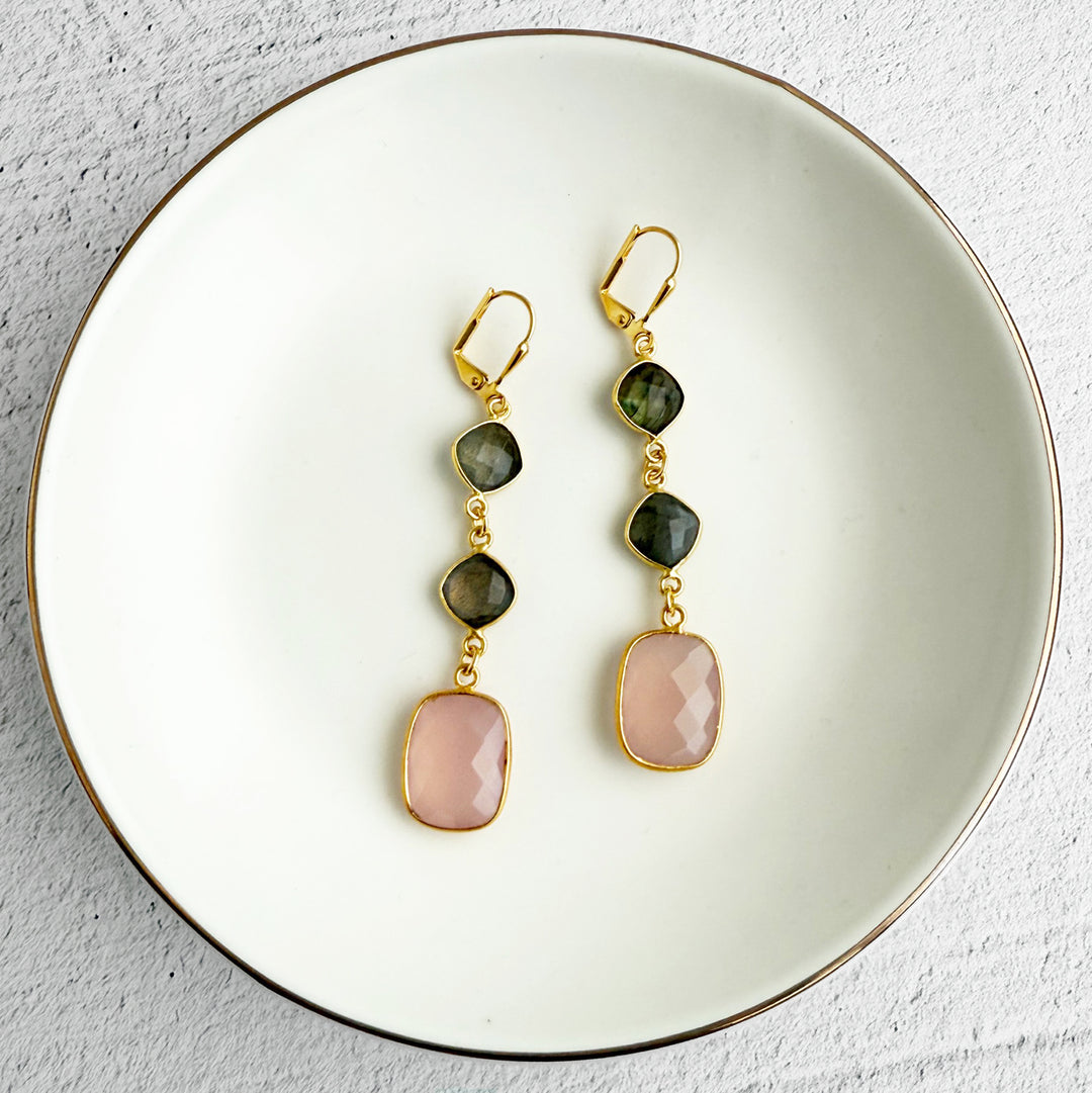 Long Gemstone Drop Earrings in Gold with Pink Chalcedony and Labradorite