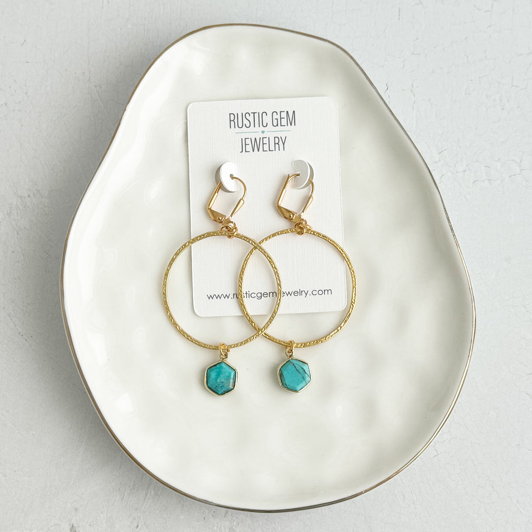 Hexagonal Turquoise Hoop Dangle Earrings in Brushed Gold