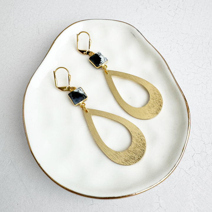 Dendrite Opal Teardrop Statement Earrings in Brushed Gold