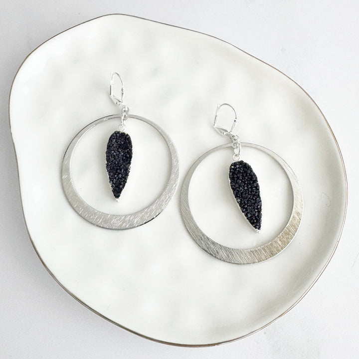 Black Druzy Hoop Statement Earrings in Brushed Silver