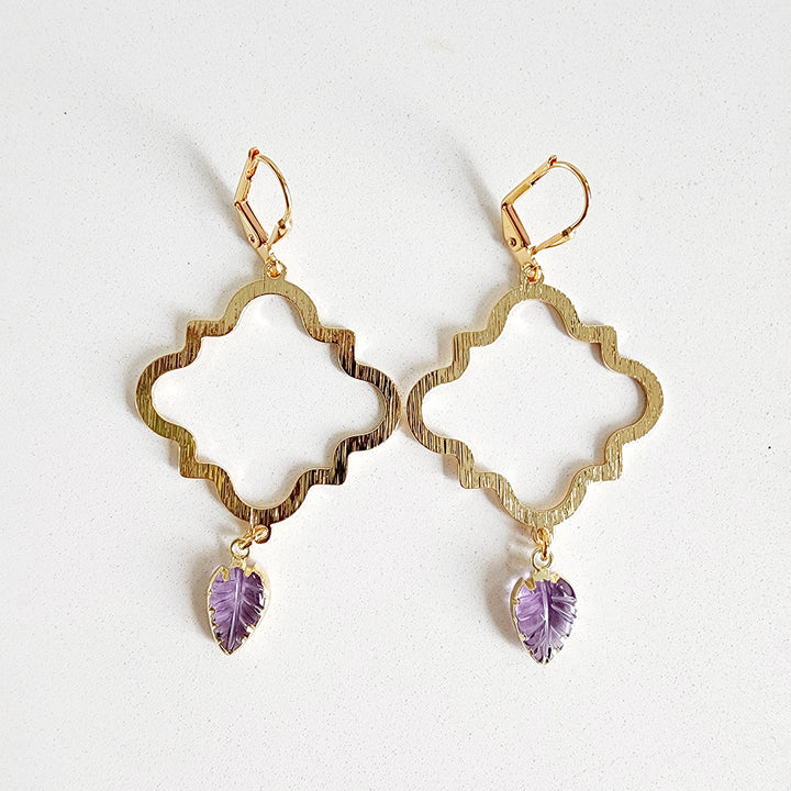 Quatrefoil Statement Earrings with Leaf Stone in Brushed Gold