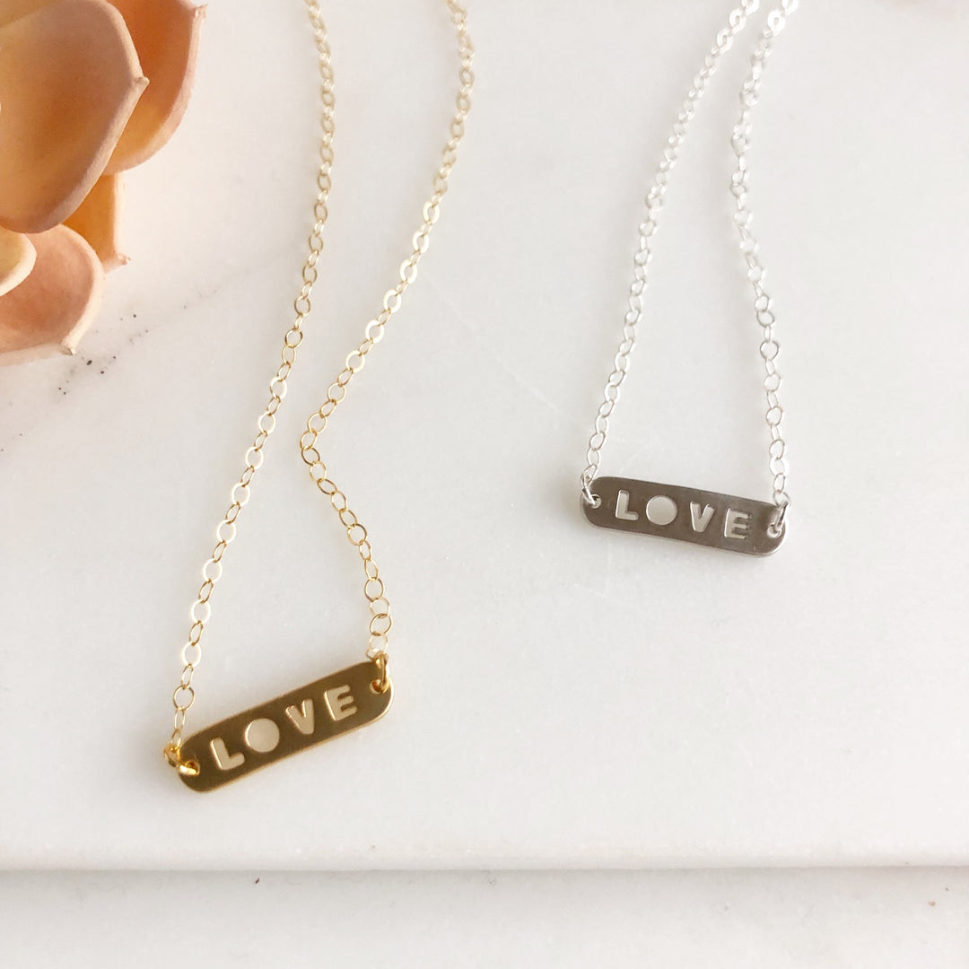 Dainty LOVE Necklace. Silver and Gold. Layering Necklace