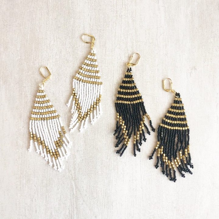 Beaded Tassel Fringe Statement Earrings in Gold
