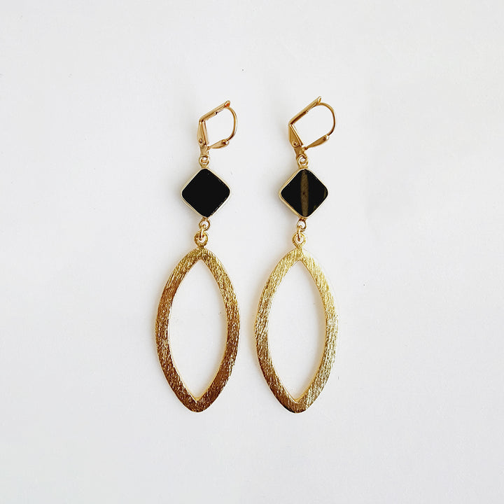 Diamond Shaped Black Onyx Marquise Earrings in Brushed Brass Gold