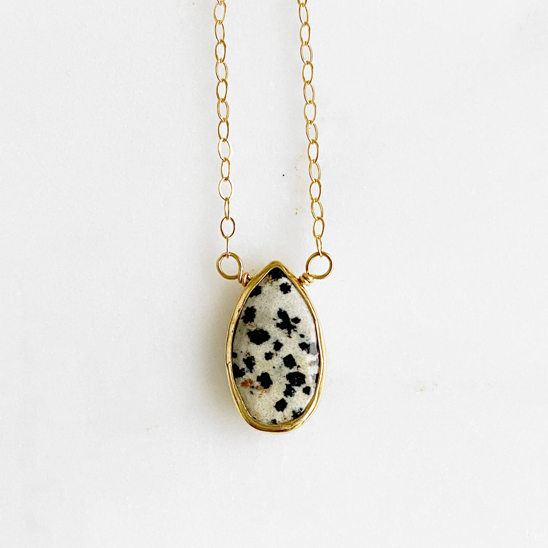 Dalmatian Jasper Teadrop Pendant Necklace in Gold. Simple Stone Necklace