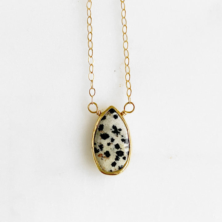Dalmatian Jasper Teadrop Pendant Necklace in Gold. Simple Stone Necklace
