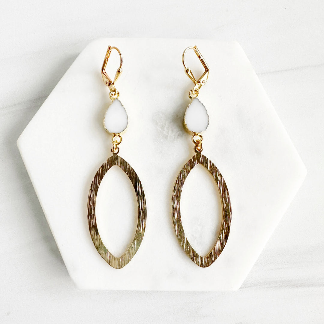 Open Marquise and White Agate Statement Earrings in Brushed Brass Gold