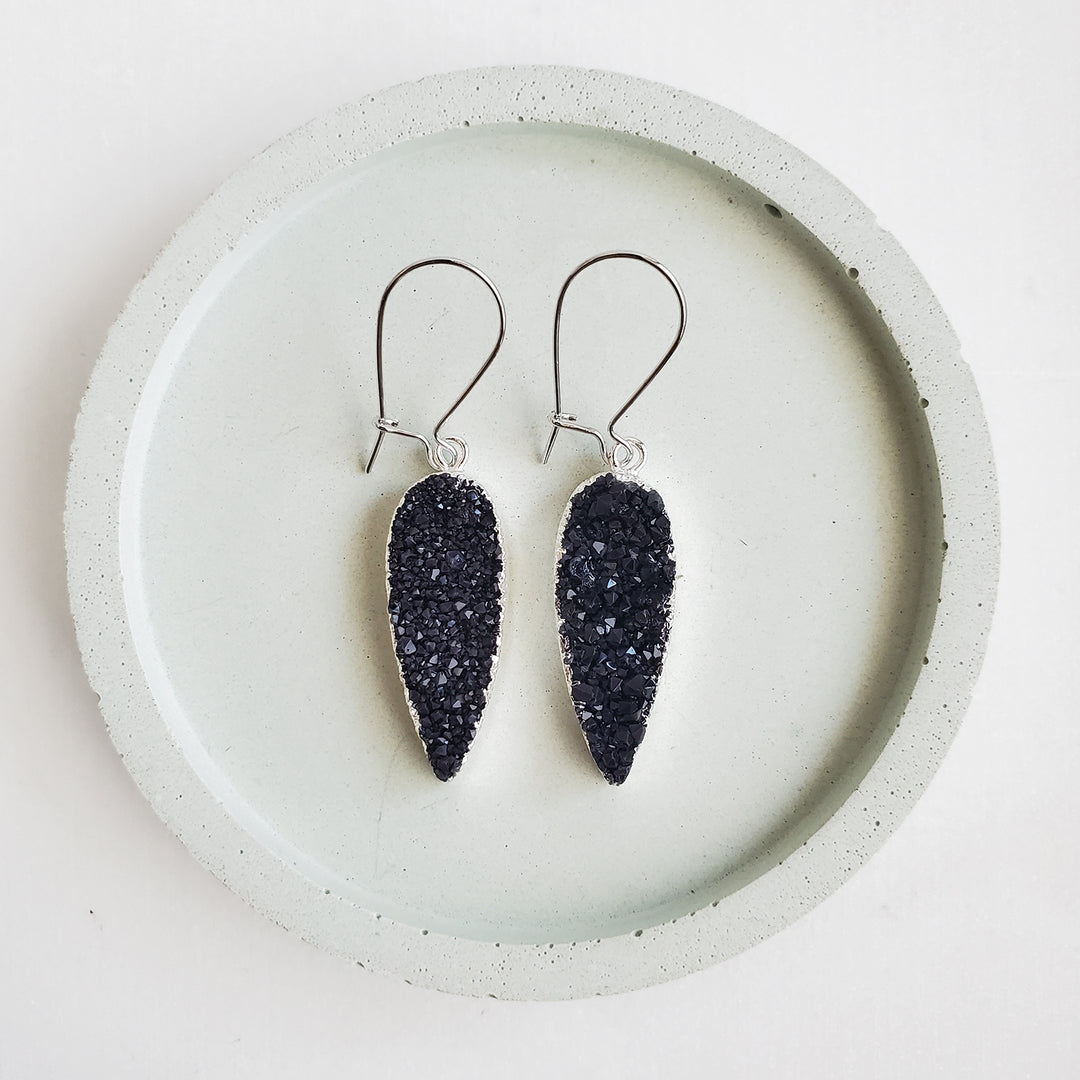 Black Druzy Teardrop Dangle Earrings Gold & Silver