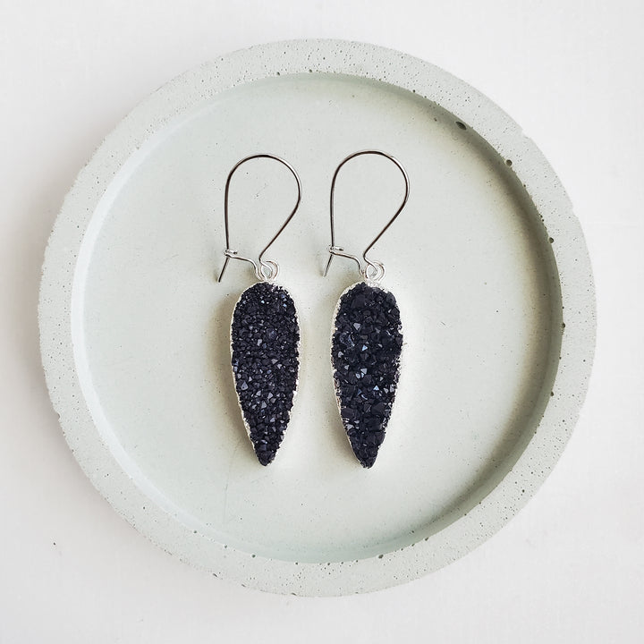 Black Druzy Teardrop Dangle Earrings Gold & Silver