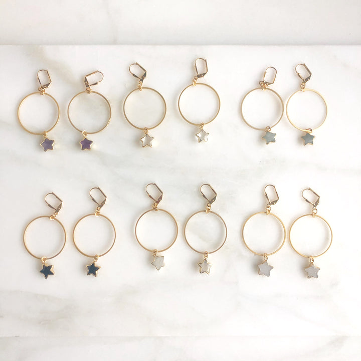 Star Hoop Earrings in Gold. Hoop Dangle Gemstone Earrings