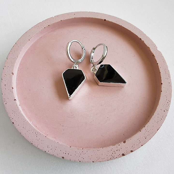 Dainty Black Onyx Diamond Shield Hoop Earrings in Gold & Silver