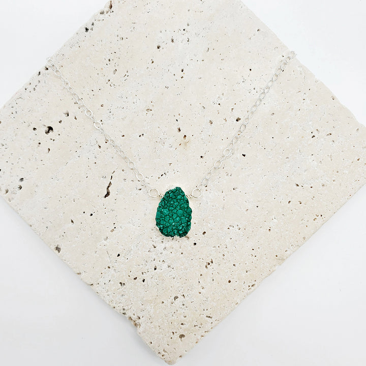 Emerald Green Druzy Gemstone Slice Necklace in Gold and Sterling Silver