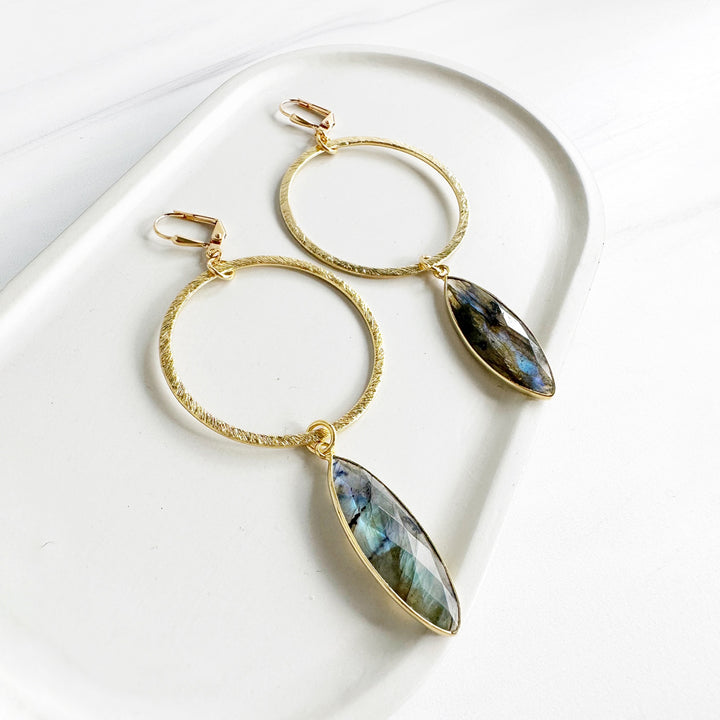 Super Big Hoop Earrings with Marquise Gemstone Pendants in Gold
