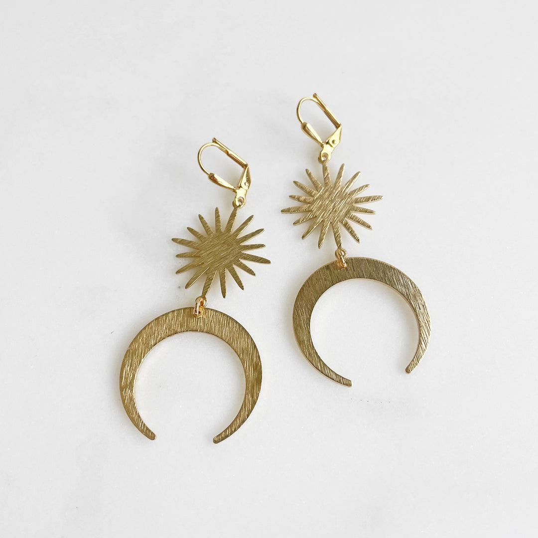Sun and Moon Statement Dangle Earrings in Gold