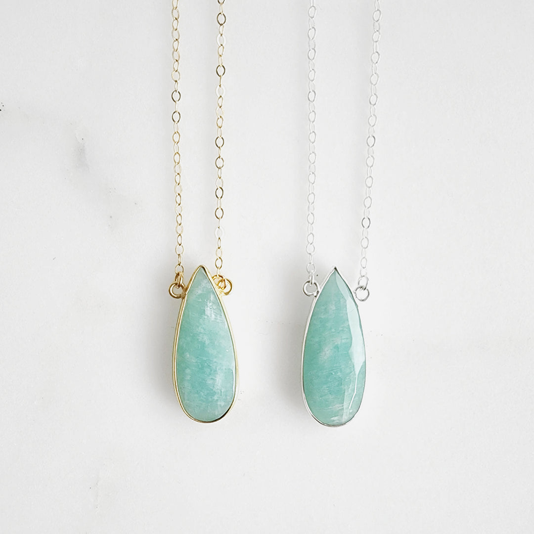 Long Amazonite Teardrop Bezel Stone Statement Necklace in Gold and Silver