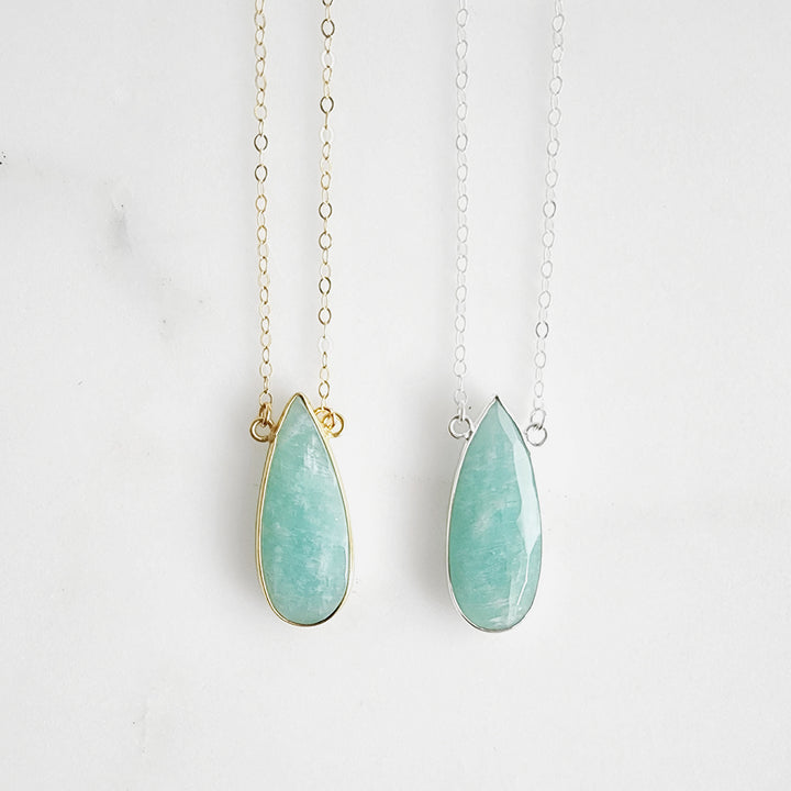 Long Amazonite Teardrop Bezel Stone Statement Necklace in Gold and Silver