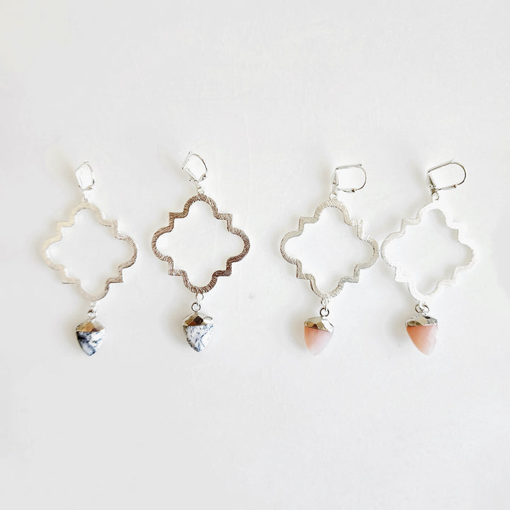 Quatrefoil Fashion Earrings with Shield Shaped Stone in Brushed Silver