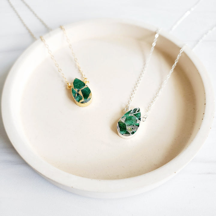 Emerald Green Mojave Teardrop Necklace in Gold and Silver