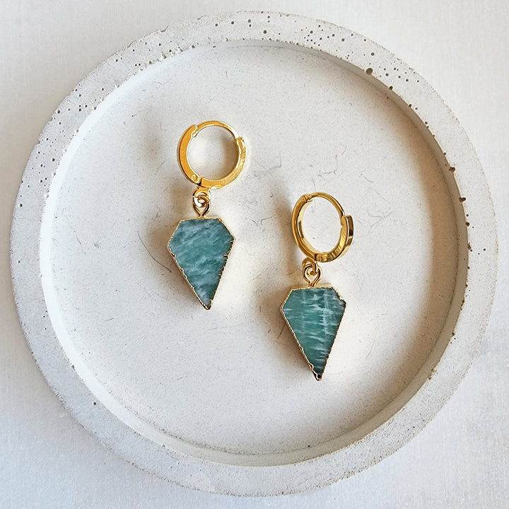 Dainty Amazonite Diamond Shield Dangle Earrings in Gold & Silver. Gemstone Drop Hoop Earrings. Simple Amazonite Earrings