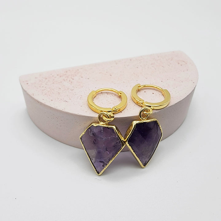 Dainty Amethyst Diamond Shield Hoop Earrings in Gold
