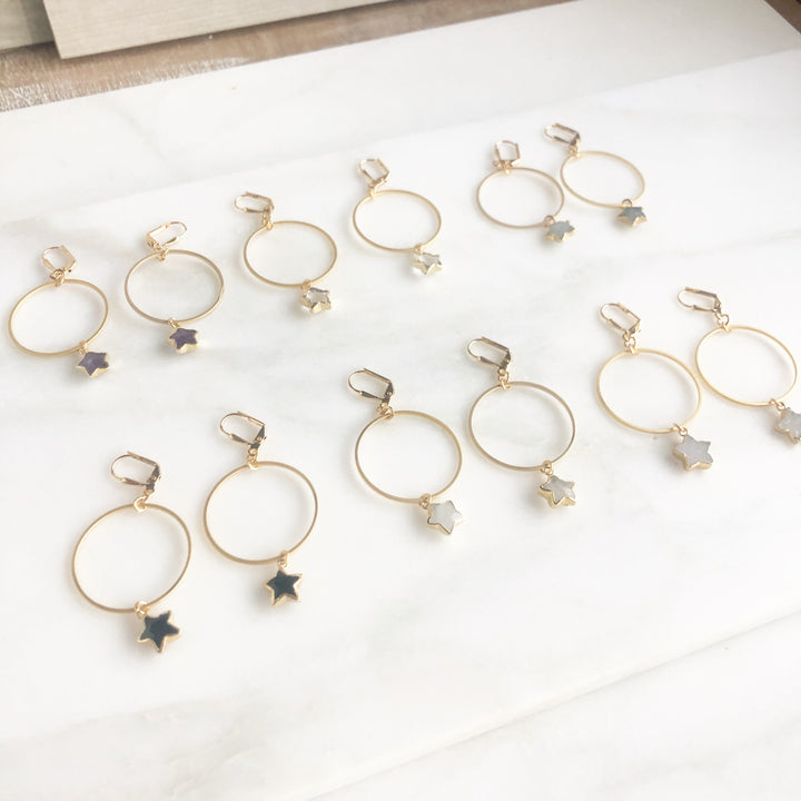 Star Hoop Earrings in Gold. Hoop Dangle Gemstone Earrings