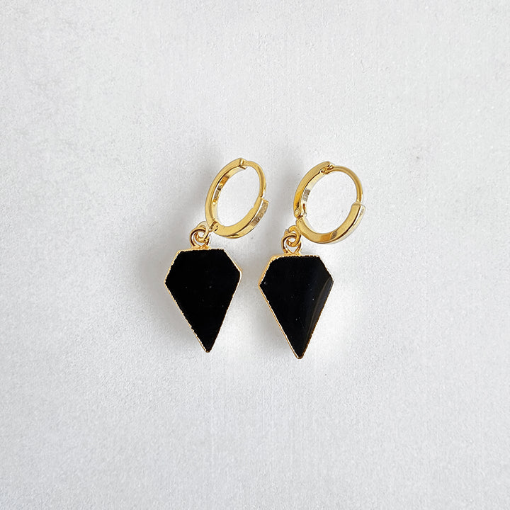 Dainty Black Onyx Diamond Shield Hoop Earrings in Gold & Silver