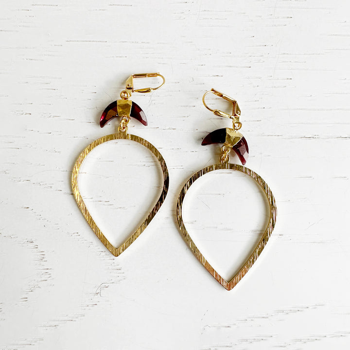 Crescent Stone Inverted Teardrop Statement Earrings in Brushed Brass Gold