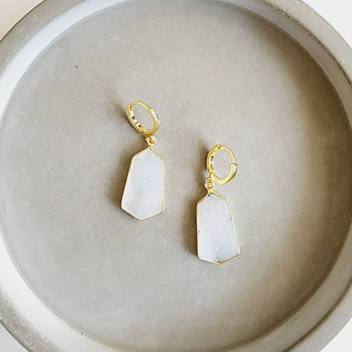 Kite Shaped White Druzy Hoop Earrings in Gold