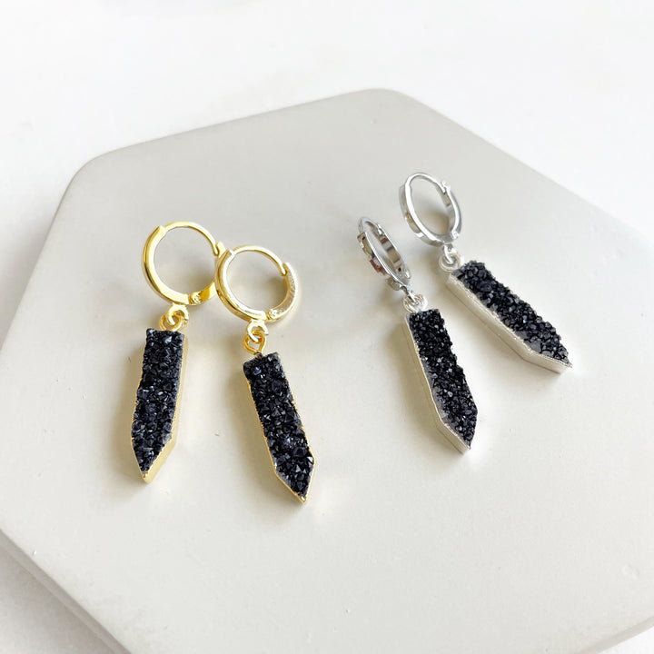 Black Druzy Point Hoop Earrings in Gold and Silver