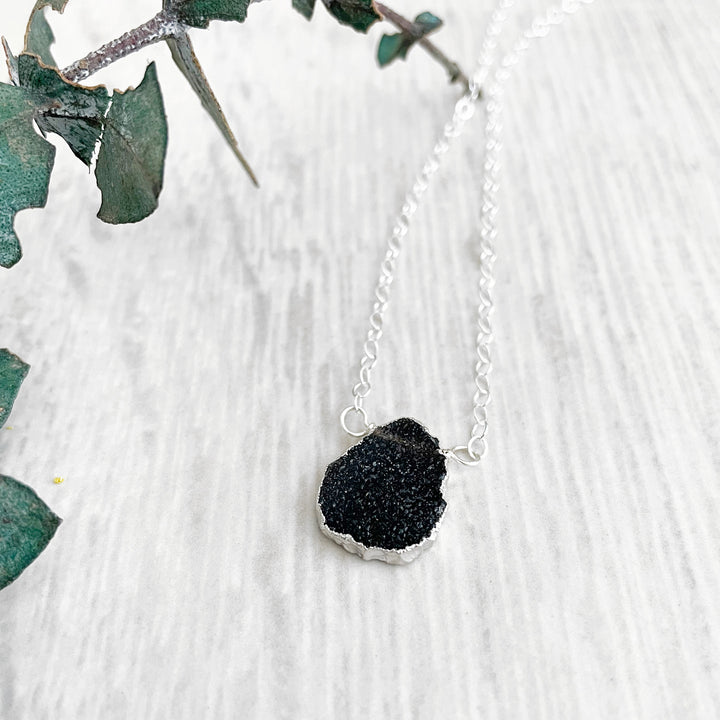 Black Druzy Gemstone Slice Necklace in Sterling Silver