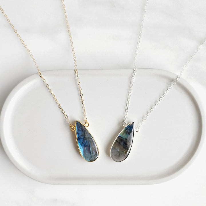 Long Labradorite Teardrop Bezel Stone Statement Necklace in Gold and Silver