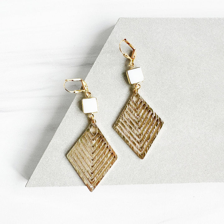 Patterned Diamond and White Agate Statement Earrings in Brushed Brass Gold