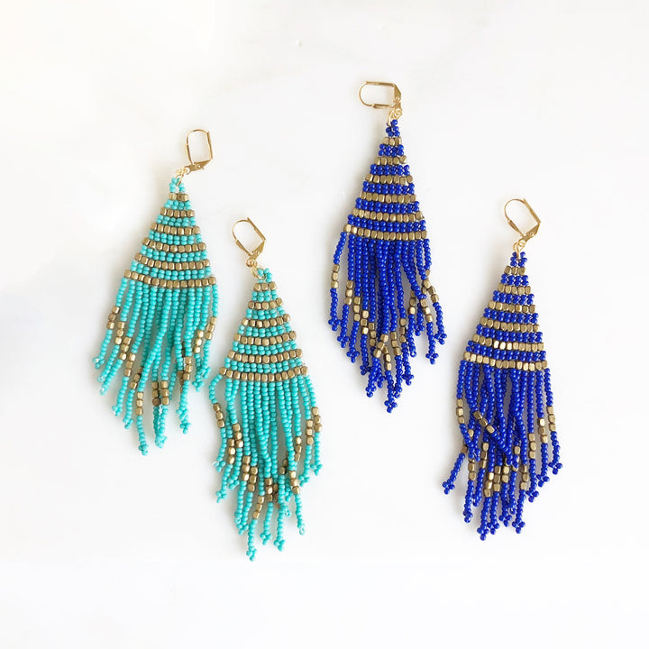 Beaded Tassel Fringe Statement Earrings in Gold