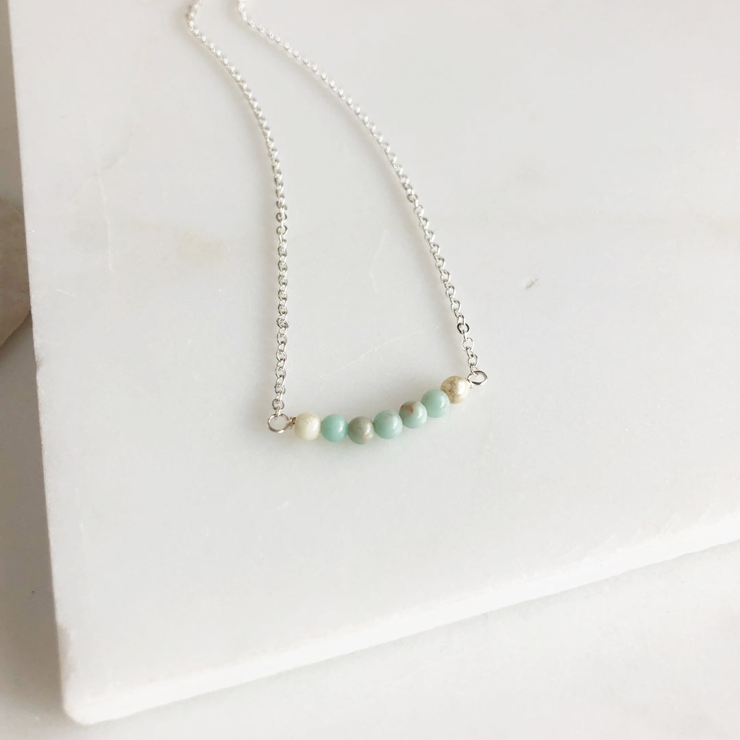 Amazonite Beaded Necklace. Silver Beaded Bar Necklace Delicate Necklace. Simple Layering Necklace.