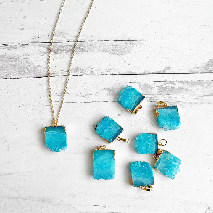Teal Chunky Druzy Necklace in Gold. Aqua Geode Necklace