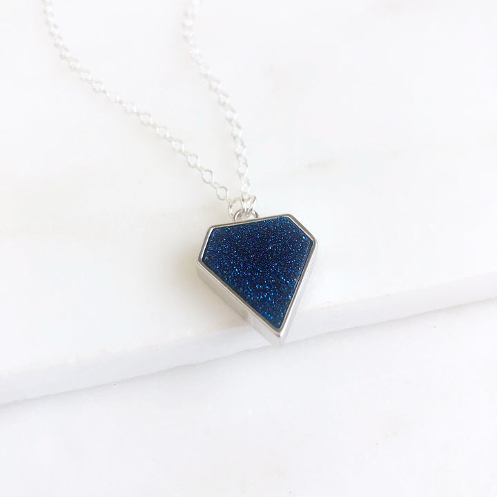 Blue Druzy Shield Necklace in Sterling Silver