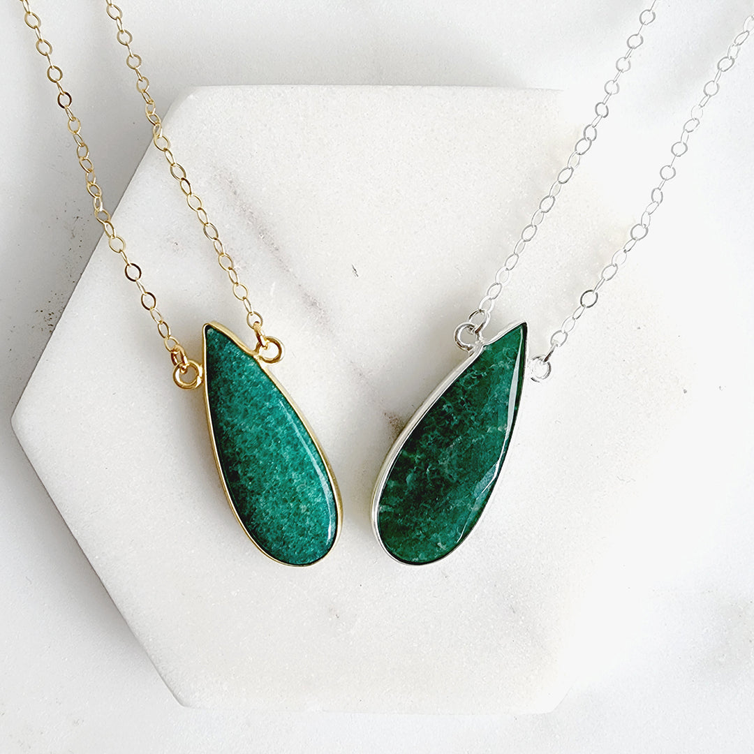 Long Emerald Teardrop Bezel Stone Statement Necklace in Gold and Silver