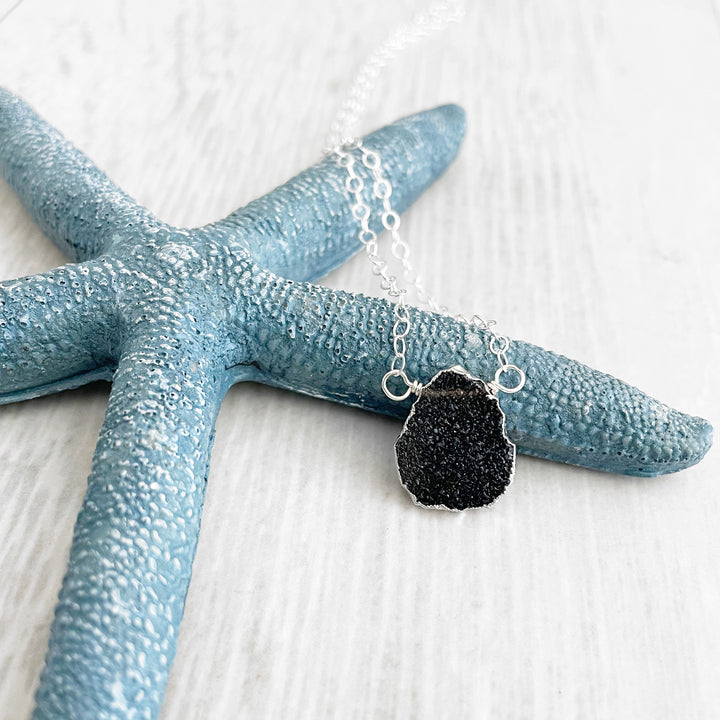 Black Druzy Gemstone Slice Necklace in Sterling Silver