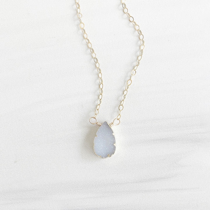 Small Light Grey Druzy Teardrop Necklace in Gold