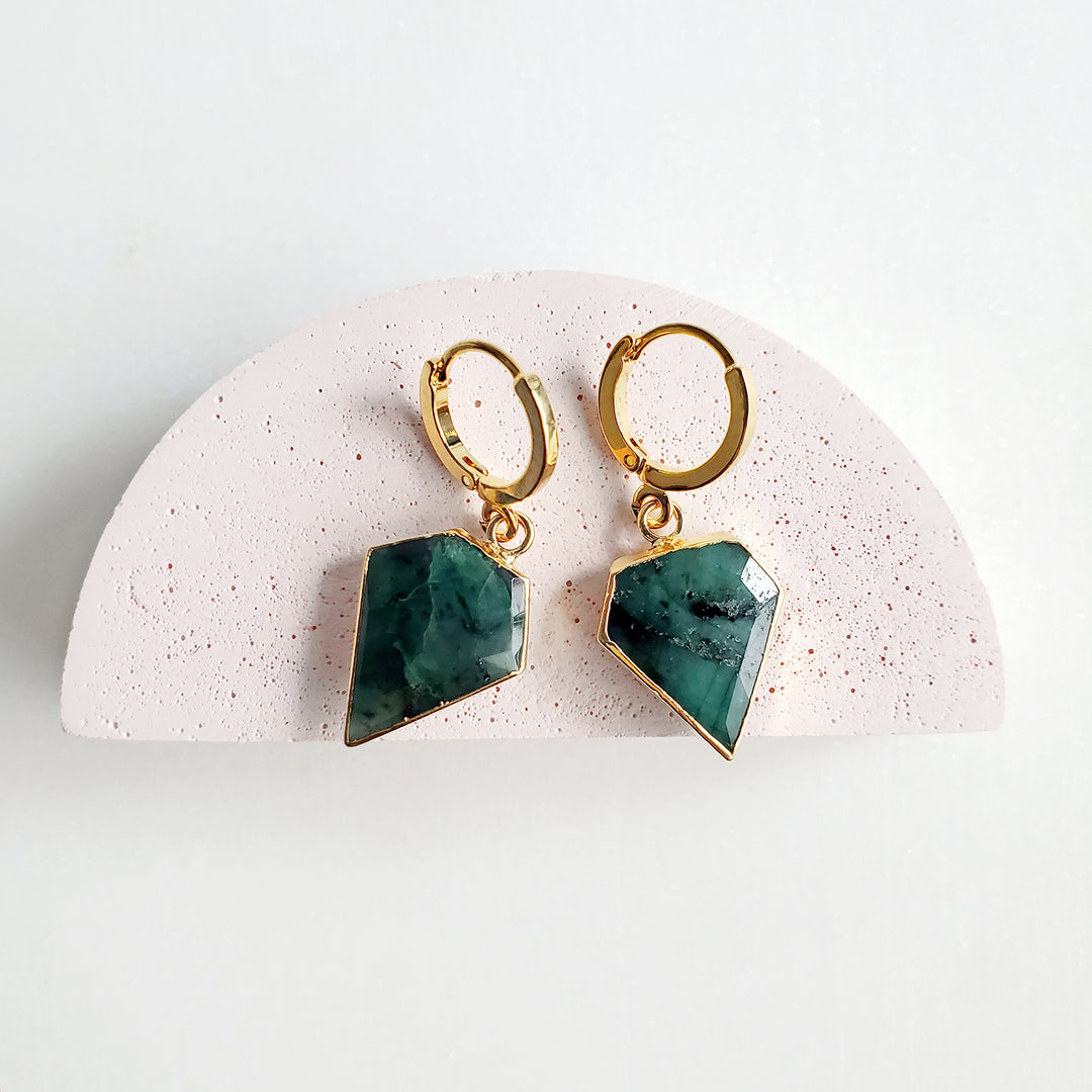 Dainty Emerald Shield Stone Drop Earrings in Gold