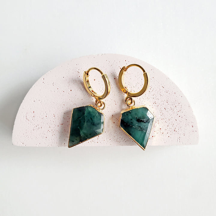 Dainty Emerald Shield Stone Drop Earrings in Gold