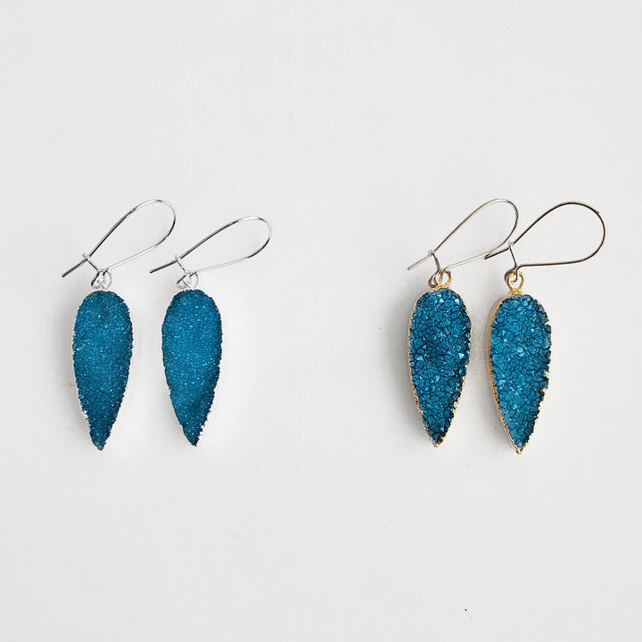 Sky Blue Druzy Teardrop Dangle Earrings Gold & Silver
