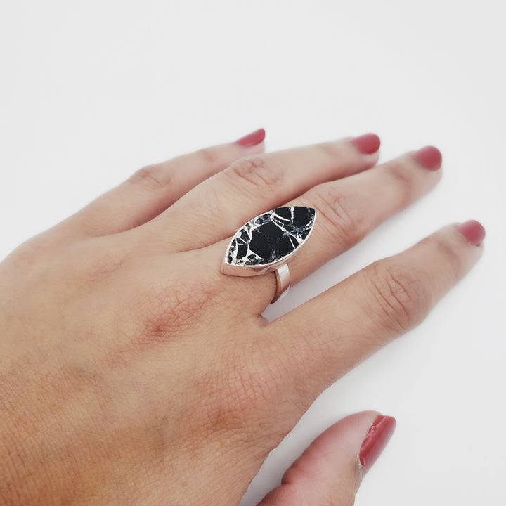Black Howlite Marquise Cocktail Ring in Silver