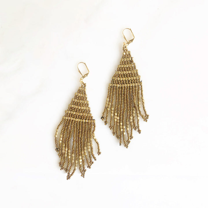 Beaded Tassel Fringe Statement Earrings in Gold