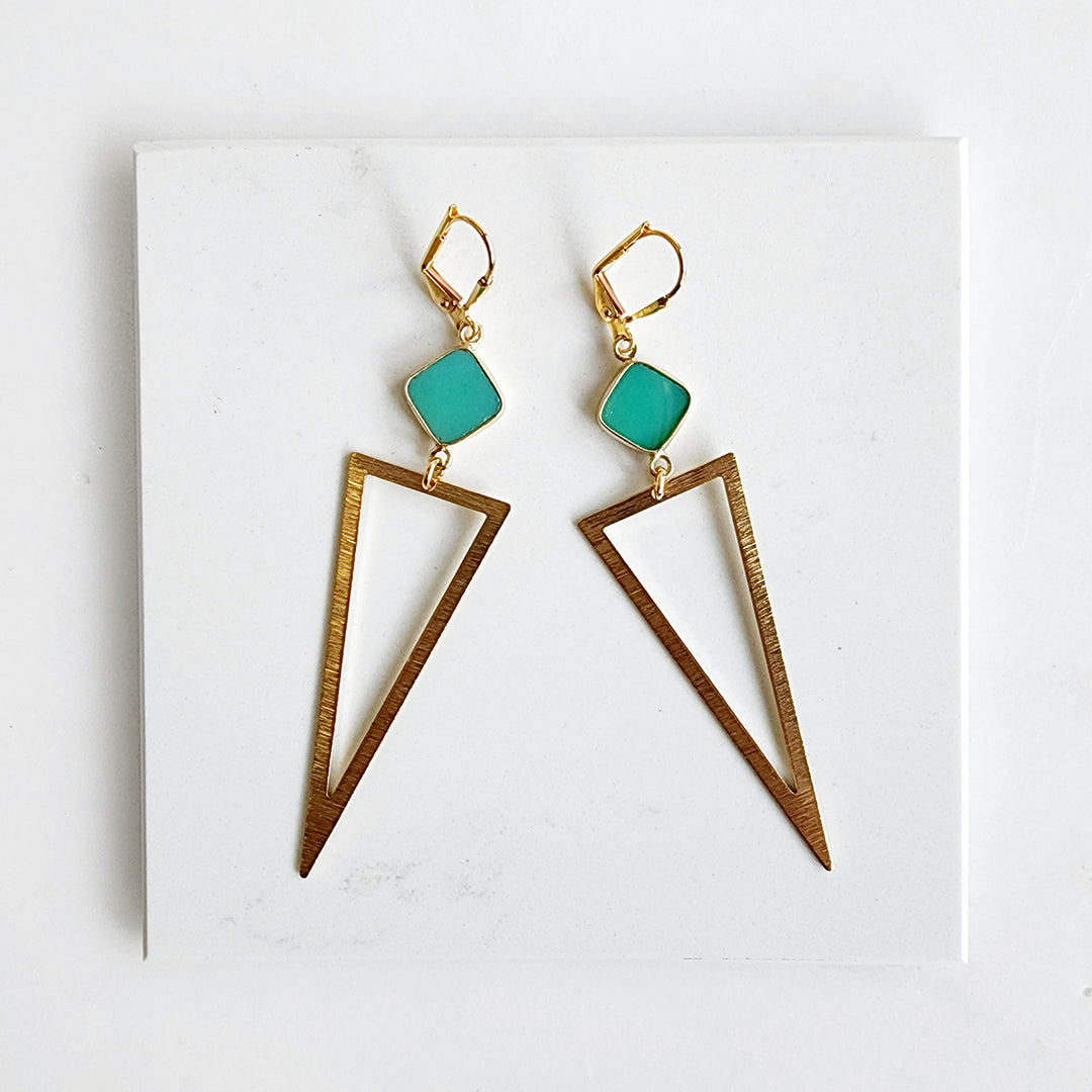 Green Onyx Triangle Statement Earrings in Brushed Gold