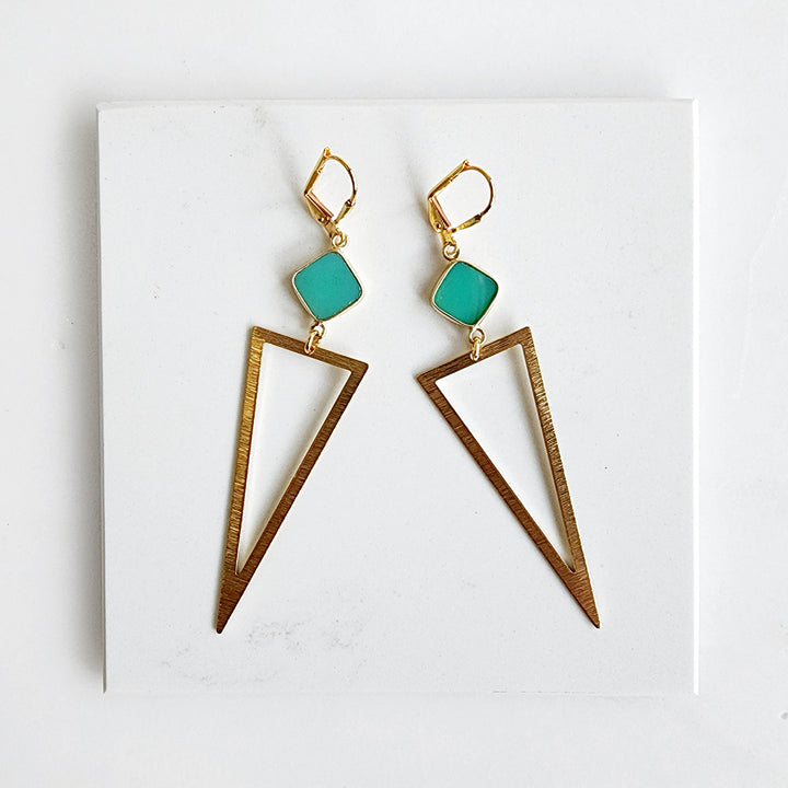 Green Onyx Triangle Statement Earrings in Brushed Gold