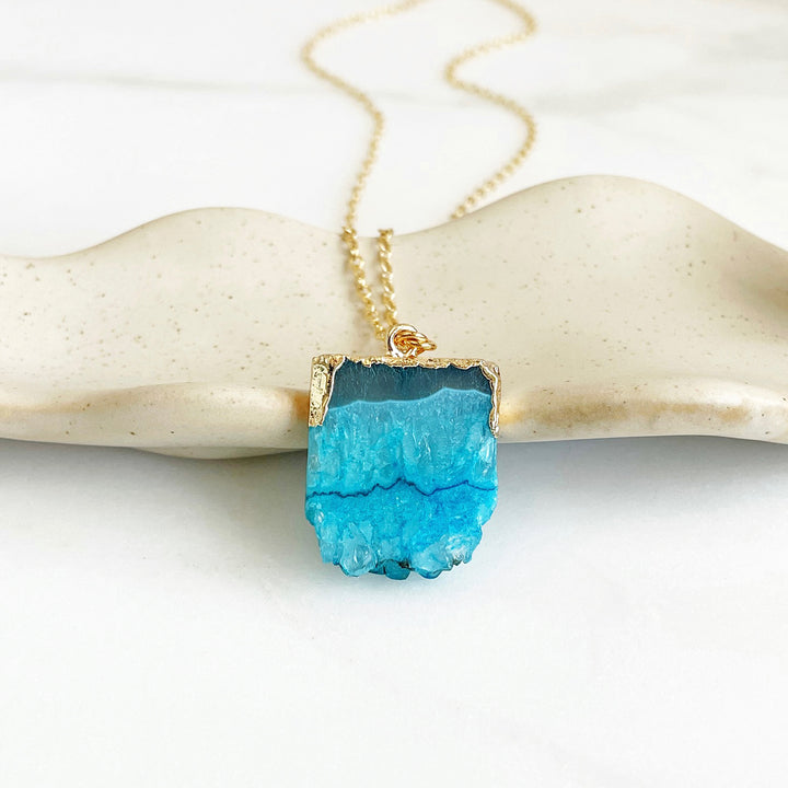 Teal Chunky Druzy Necklace in Gold. Aqua Geode Necklace