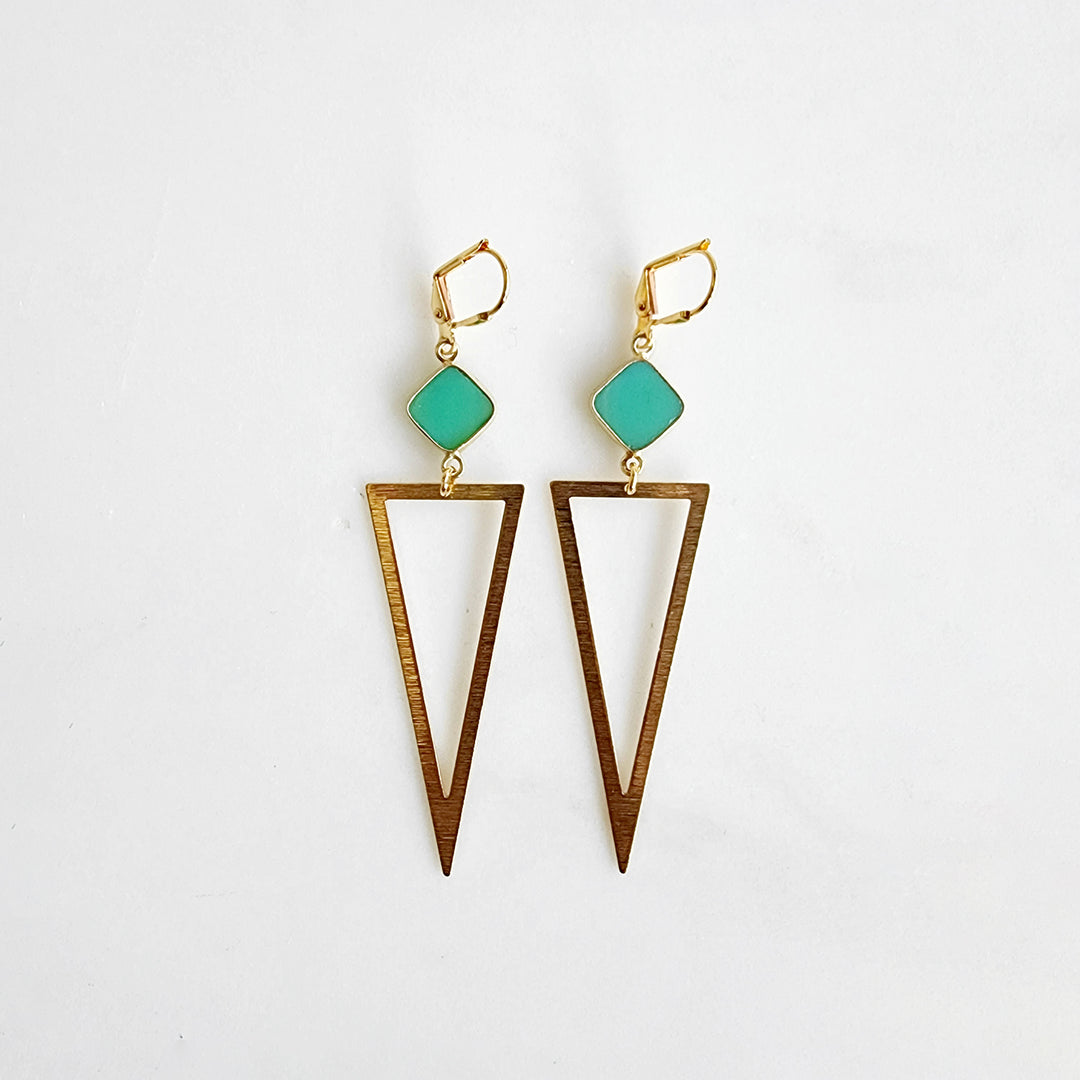 Green Onyx Triangle Statement Earrings in Brushed Gold