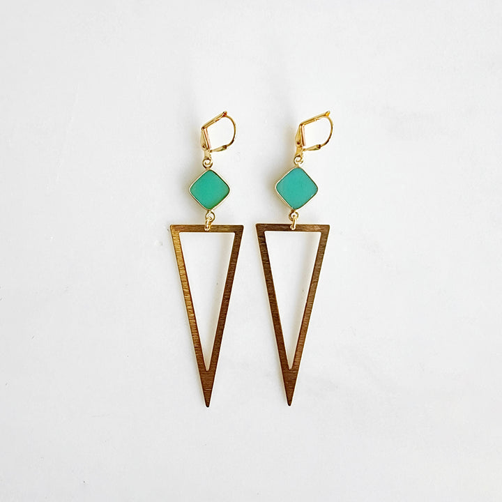 Green Onyx Triangle Statement Earrings in Brushed Gold