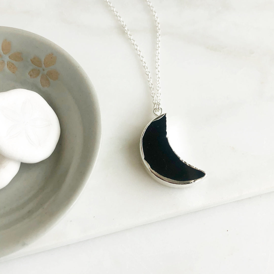 Black Crescent Moon Pendant Necklace in Sterling Silver. Black Agate Stone Necklace